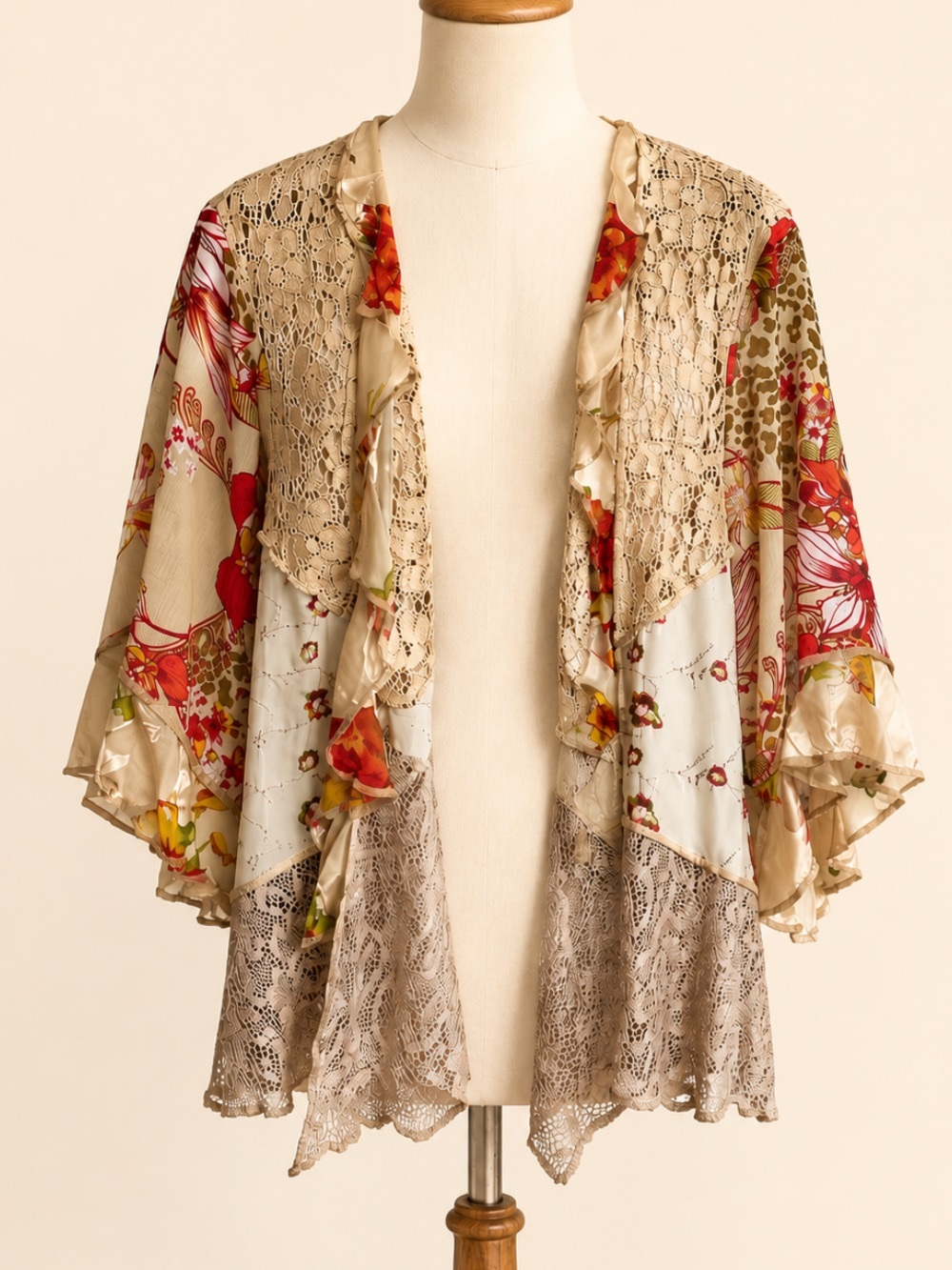 Silk Lace Floral Sleeve Open Front Kimono Cardigan XL Boho Festival